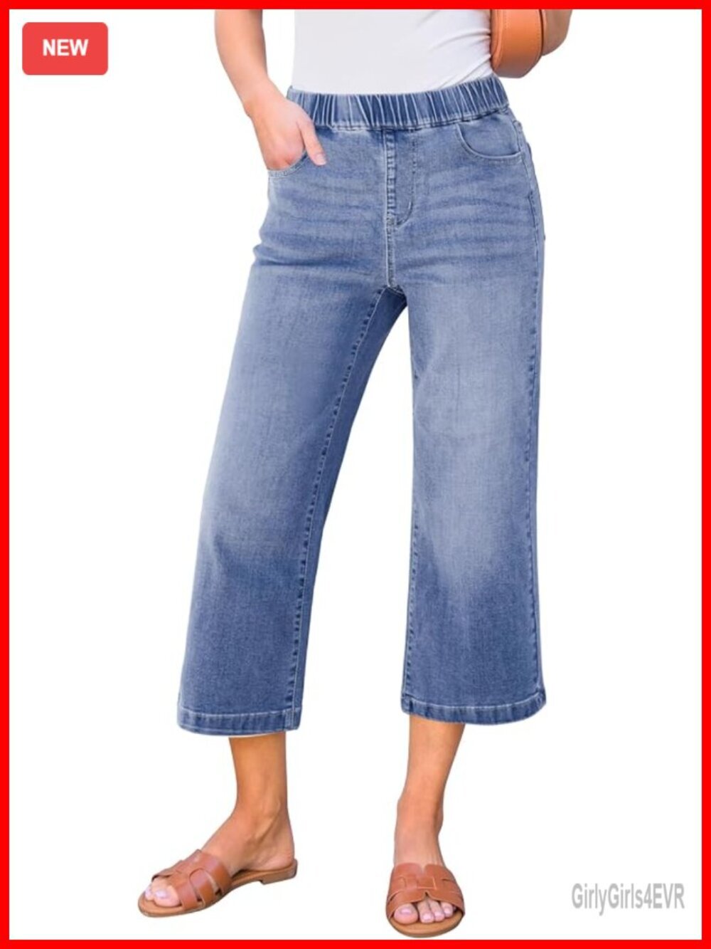Wide Leg Capri Jeans High Waisted Pull On Stretchy Denim with Pockets
